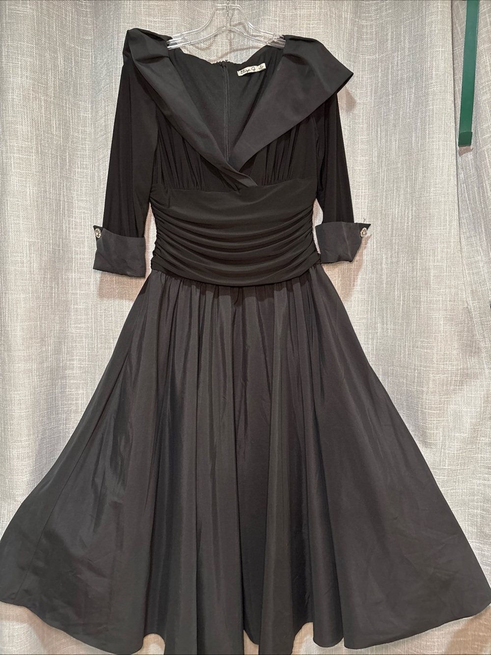 Eliza J Black Midi Dress with Folded Sailor Collar 3/4 Sleeve Midi A Line.